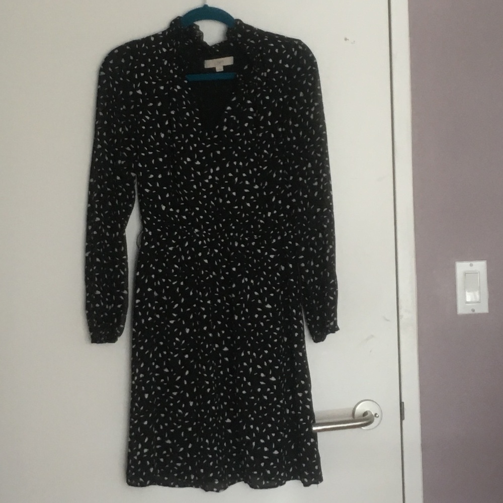 Loft - Black Ruffle neck A-line long sleeve dress